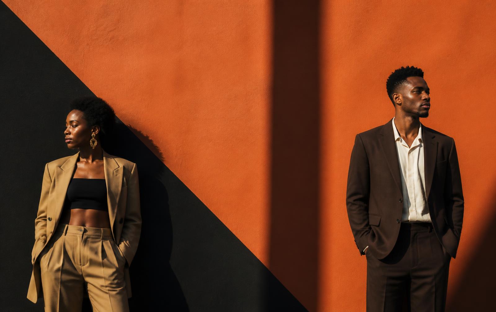Two people in contemporary tailoring against a colour-blocked wall