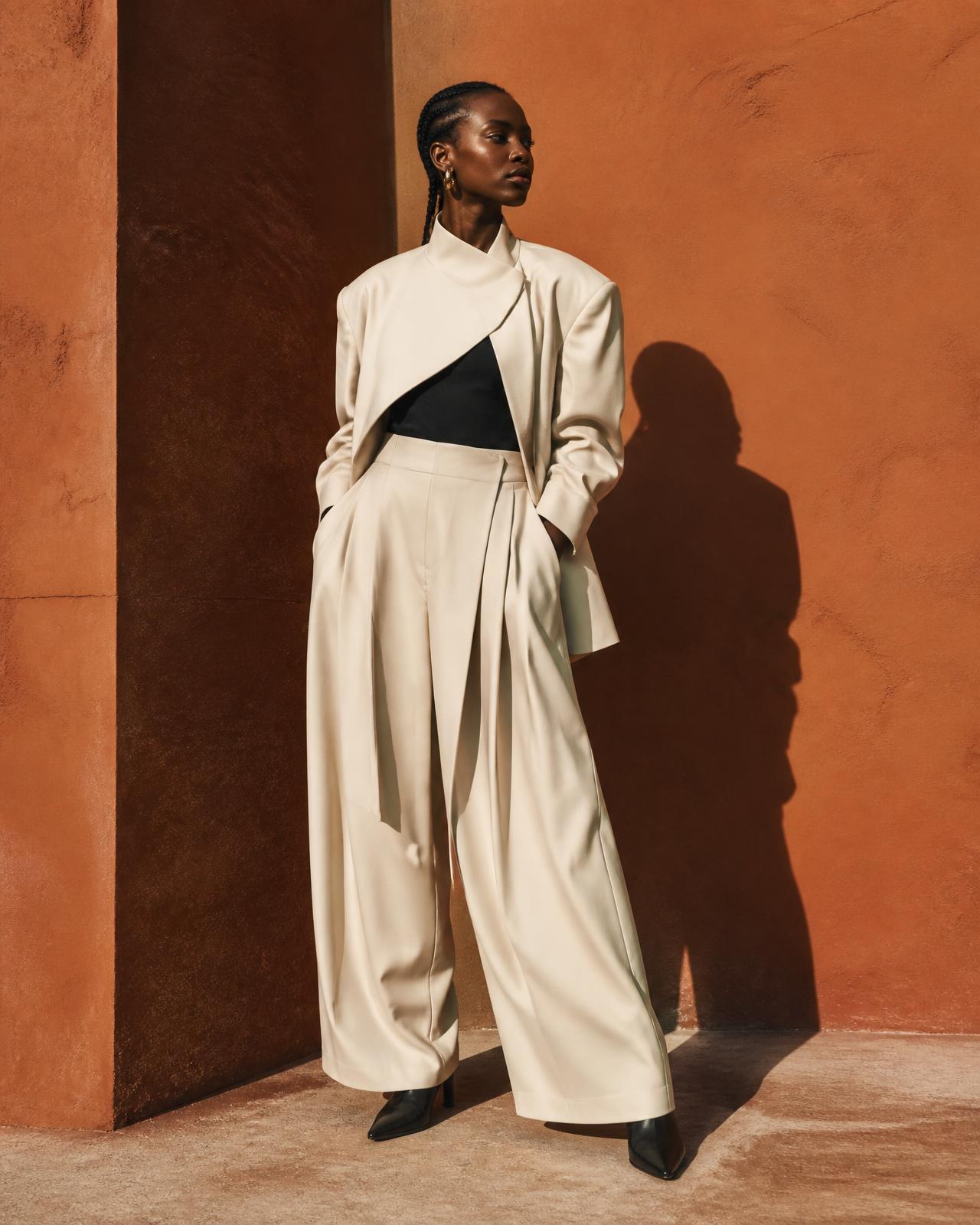 Woman in contemporary tailoring against a terracotta wall