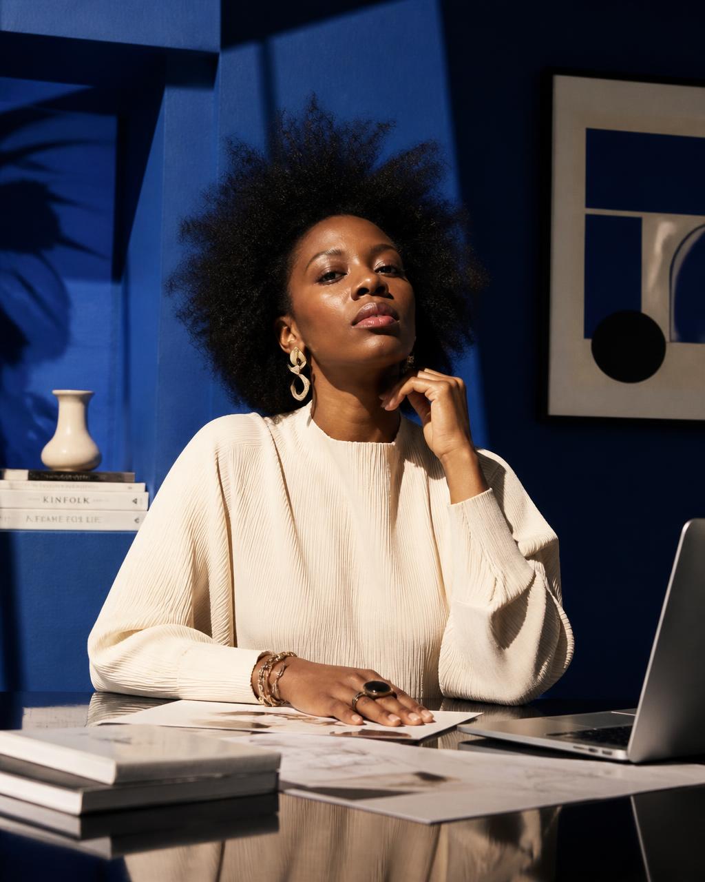 Woman working in a cobalt blue studio